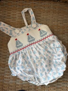 Delaney Smocked Sailboat Baby Girl Ruffled Romper, size 3 months
